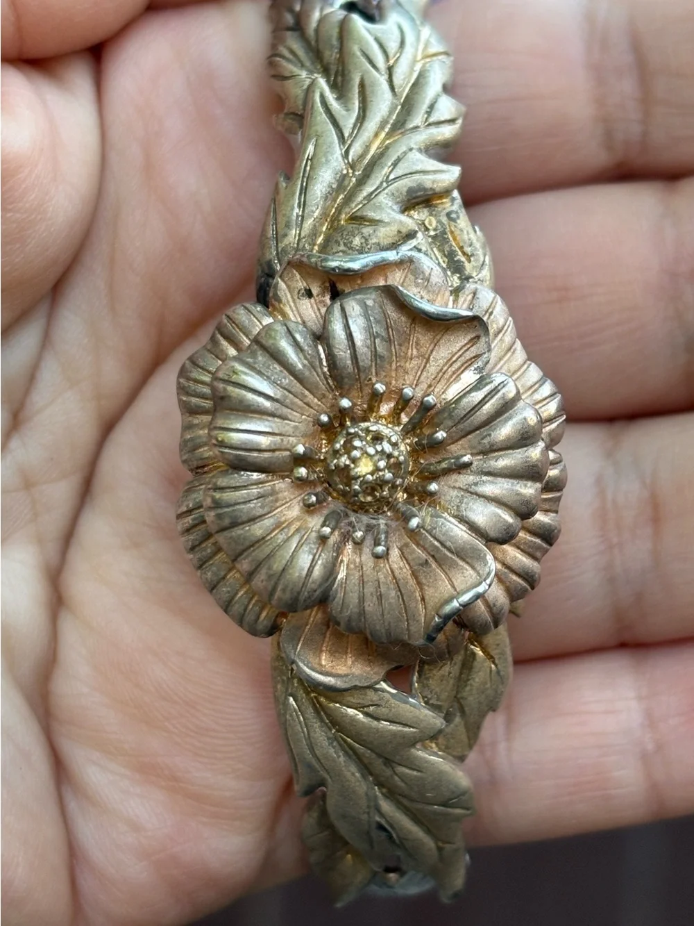 Vintage 925 Sterling Silver Floral Flower Leaf Botanical Statement Bracelet 8”